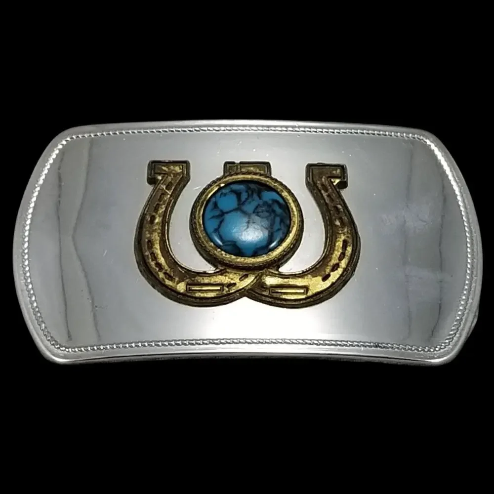 Steel Belt Buckle – Gold Color Horseshoe with Turquoise Stone‎ Western USA Made